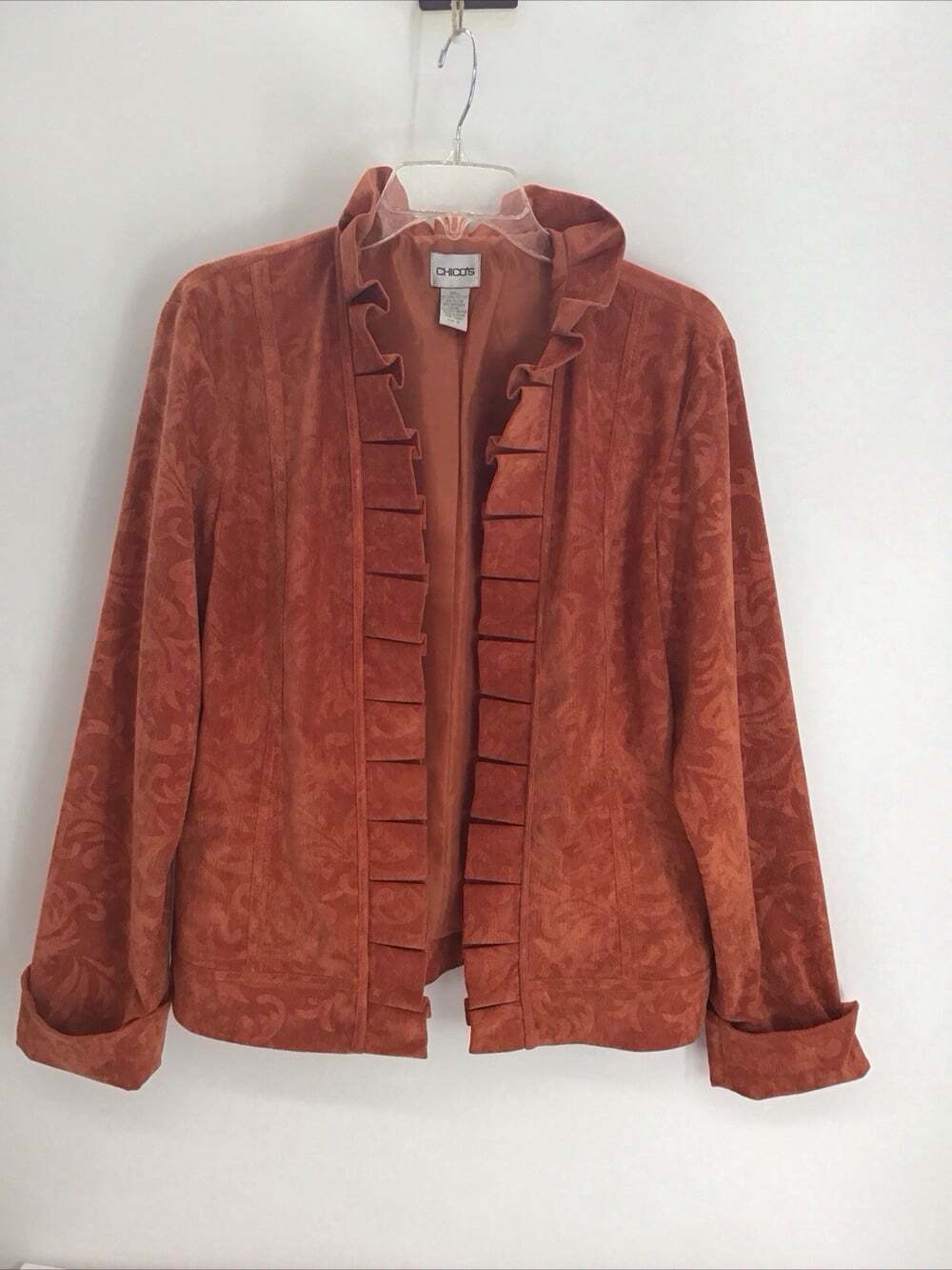 Chico's Rory Courduroy Blazer Jacket Ruffle Neck Open Front Career Rust Size 2